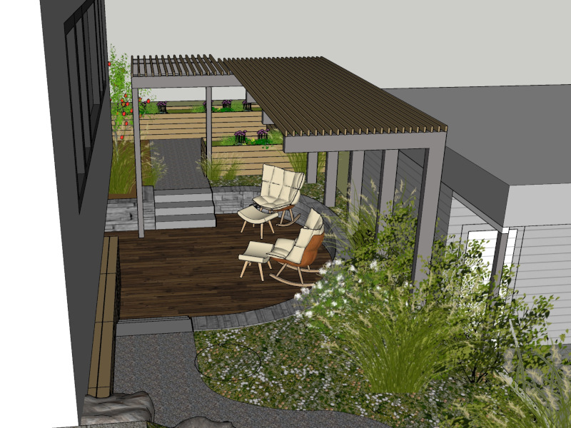 Hier der Blick auf die Gartenplanung von einer erhöhten Perspektive in der 3D Visualisierung.
